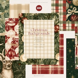 Puede incluir: Una colección de 100 fondos navideños con varios patrones que incluyen hojas de acebo, adornos rojos y blancos, diseños de cuadros, un ciervo y regalos. El texto central dice Christmas Backgrounds, 100 backgrounds, JPG files, 300 dpi, 3900 x 4950 px.