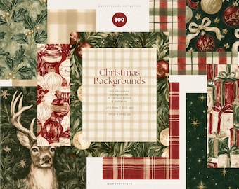100 Christmas Backgrounds Bundle with Holiday Digital Papers, Plaid, Poinsettia & Vintage Christmas Patterns | Digital Download