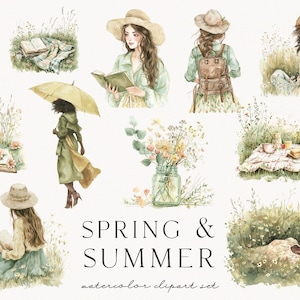 May include: Watercolor clipart set featuring illustrations of women in nature, reading books, enjoying picnics, and relaxing in the grass. The set includes a variety of floral elements, including wildflowers, eucalyptus, and a jar of flowers. The text "SPRING & SUMMER watercolor clipart set" is included in the image.