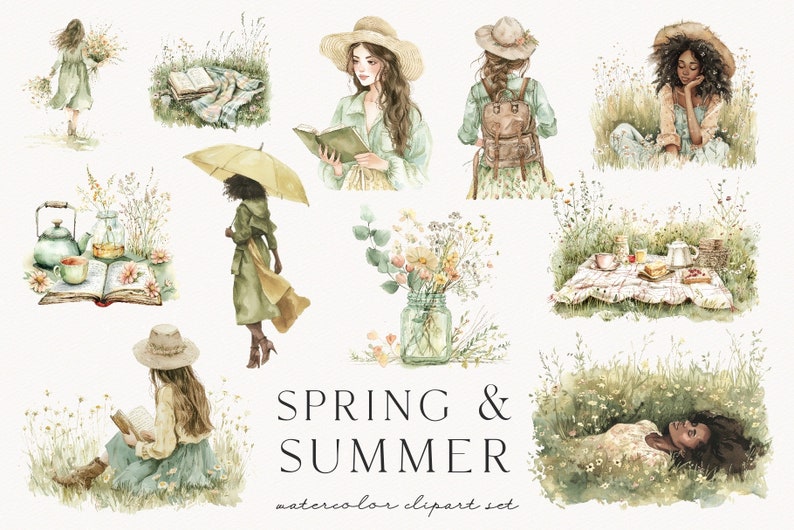 May include: Watercolor clipart set featuring illustrations of women in nature, reading books, enjoying picnics, and relaxing in the grass. The set includes a variety of floral elements, including wildflowers, eucalyptus, and a jar of flowers. The text "SPRING & SUMMER watercolor clipart set" is included in the image.