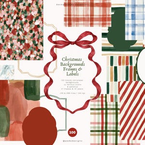 Puede incluir: Una colección digital de fondos, marcos y etiquetas navideñas con patrones de acuarela en rojo, verde y blanco. La imagen muestra diseños a cuadros, rayas y abstractos, junto con un lazo de cinta roja central y texto.