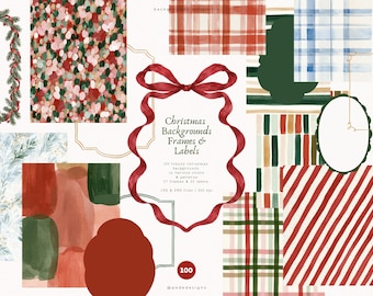 Christmas Backgrounds Frames & Labels Bundle with 100 Holiday Digital Papers, 37 Frames and 32 Labels, PNG JPG | Digital Download