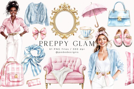 Preppy Glam Clip Art Set, watercolor spring png, girl clipart, stripes, plaid pattern, preppy spring digital stickers, interior, download