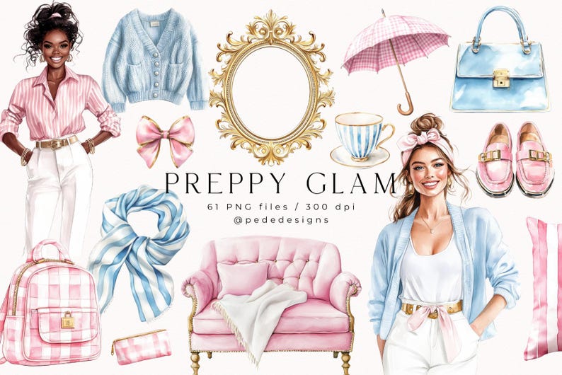 May include: A digital illustration set featuring a preppy glam theme. The set includes a woman wearing a blue cardigan and white pants, a pink and white gingham backpack, a blue and white striped scarf, a pink and white gingham pencil case, a pink and white gingham umbrella, a blue handbag, a gold ornate mirror, a pink and white striped teacup and saucer, a pink armchair with a white throw, a pink bow, and pink and white loafers.