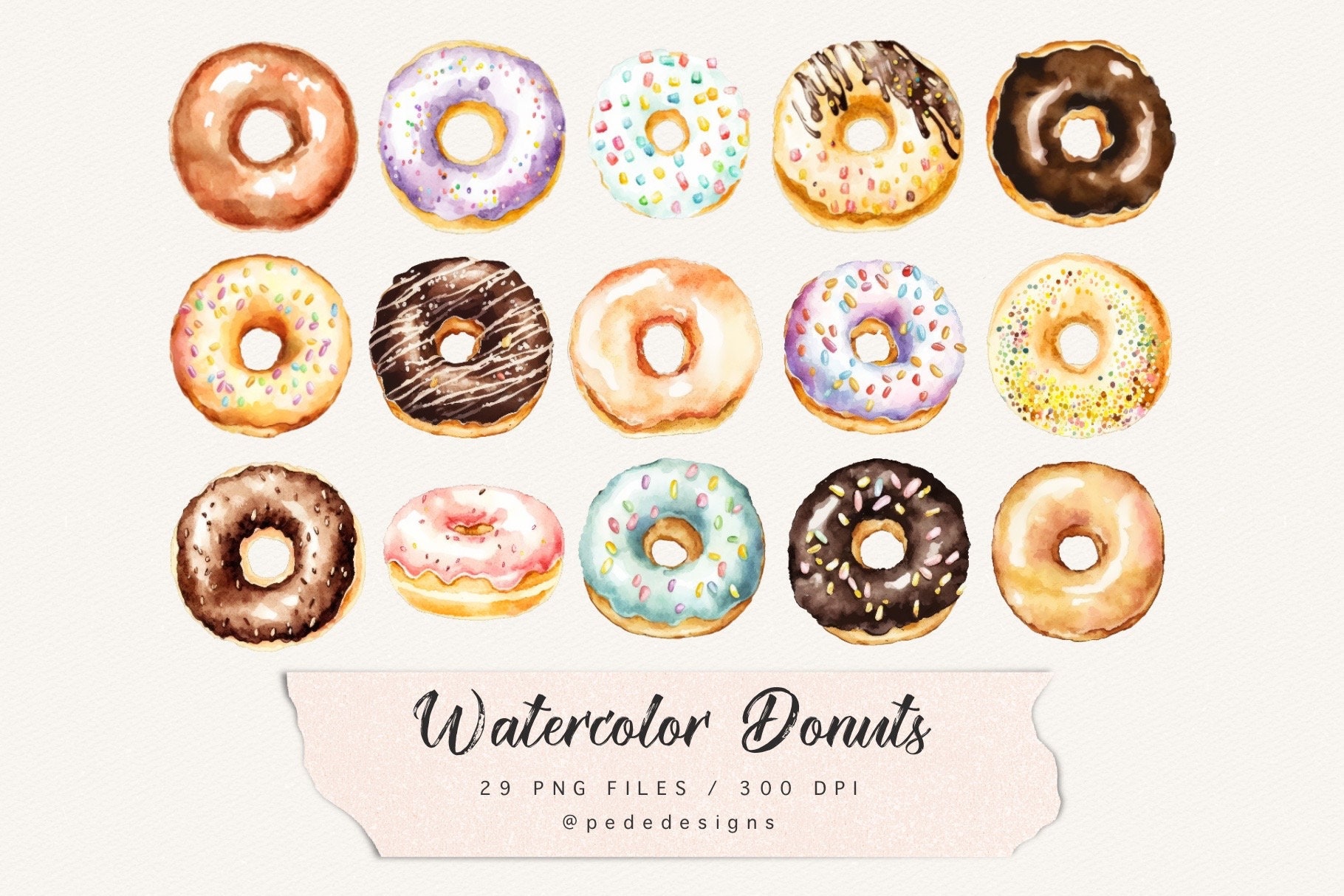 Watercolor Donuts Clip Art: 29 PNG Dessert Graphics (digital Download ...