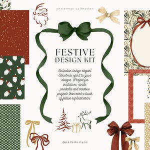 May include: A festive design kit with a Christmas theme. The image features various patterns, bows, frames, and illustrations, including Santa Claus, a Christmas tree, and a reindeer. The color palette includes red, green, and gold.