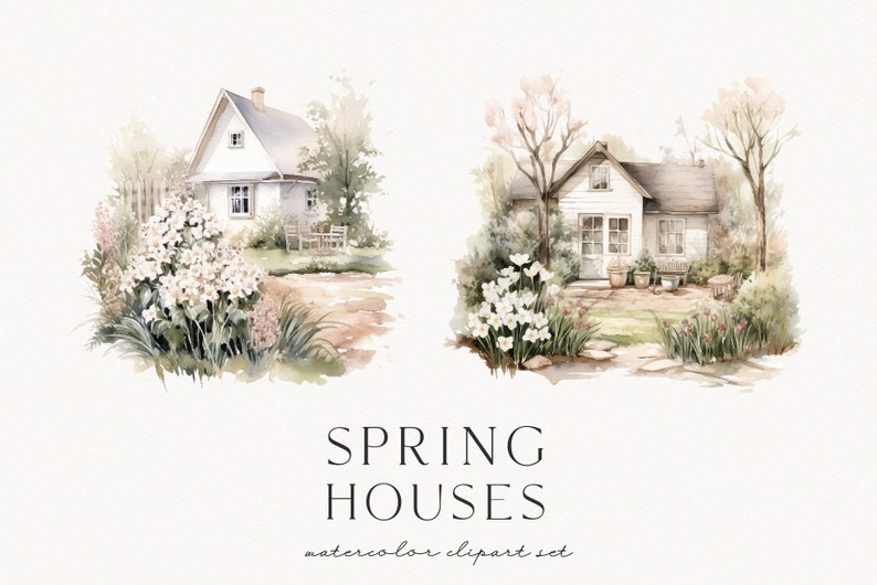 Op de afbeelding: Watercolor clipart set met twee charmante witte huizen met grijze daken, omgeven door bloeiende lentetuinen. De huizen zijn omgeven door bloemen en groen. De tekst "SPRING HOUSES" wordt onder de afbeeldingen weergegeven. De set is een watercolor clipart set.