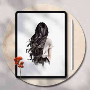 May include: A digital illustration of a person with long, dark, wavy hair, wearing a white shirt and black pants. The illustration is on a white background and is displayed on a tablet.