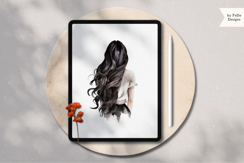 May include: A digital illustration of a person with long, dark, wavy hair, wearing a white shirt and black pants. The illustration is on a white background and is displayed on a tablet.