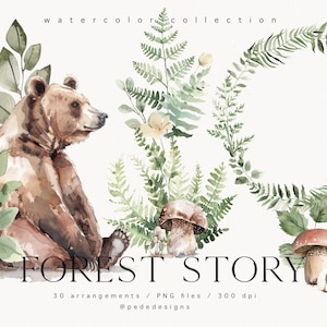 Aquarell Waldarrangements - Forest Story Collection, Waldgrafiken, Aquarell Hirsch, Aquarell Kranz, Wald Clipart, Download