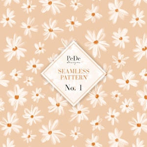 Könnte beinhalten: Ein nahtloses Muster mit weißen Gänseblümchen auf einem hellpfirsichfarbenen Hintergrund. Das Muster ist mit "PeDe Designs Seamless Pattern No. 1" beschriftet.