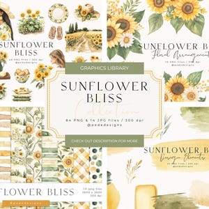 Sunflower Bliss Collection, Clipart Sammlung, Aquarell Illustrationen, nahtlose digitale Papiere, Sommer Mädchen png, Blumen Clipart, Download