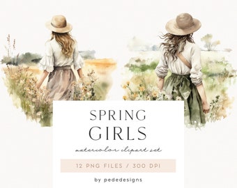 Spring Girls Clipart, watercolor girl graphics, watercolor spring, botanical clipart, spring field, girl png, girl in the field, download