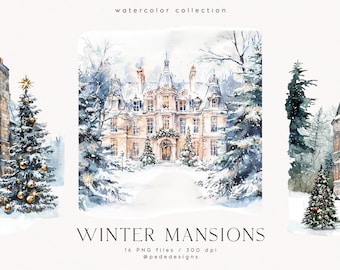 Winter Mansions, watercolor winter clipart, elegant home png graphics, winter scenery, watercolor winter season, winter cottages, download
