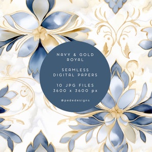 Navy Blau & Gold Royal Digital Paper Pack, Aquarell nahtlose Papiere, Damast Muster, romantisch, künstlerisch, elegant, Hochzeit, Download