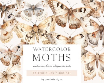 Watercolor moths clipart, vintage watercolor, beige moths, moths illustrations, junk journal, scrapbooking, stickers png, download