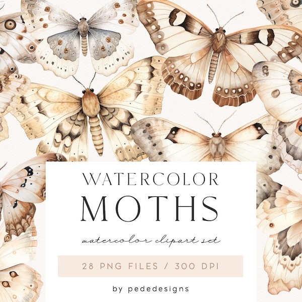 Watercolor moths clipart, vintage watercolor, beige moths, moths illustrations, junk journal, scrapbooking, stickers png, download