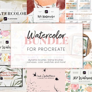 Procreate 用のビッグ水彩画バンドル、水彩画ブラシ、iPad 用ブラシ セット、スタンプ ブラシ、テクスチャ、キャンバス、カラー スウォッチ、ダウンロード