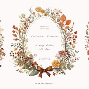 Watercolor Autumn Frames Clipart: Fall Flower Wreaths Graphics (Digital Download)