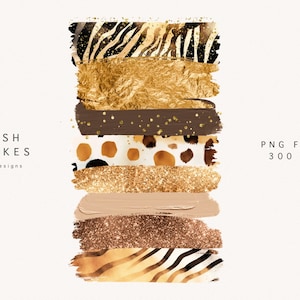 May include: A set of 10 digital brush strokes in PNG format, featuring various animal print patterns, gold glitter, and brown and beige paint textures. The brush strokes are 300 DPI.