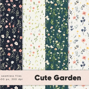 May include: Ten seamless digital paper patterns featuring a cute garden theme with small pink, white, and yellow flowers and green leaves on a variety of backgrounds including white, black, and green.  The text "Cute Garden" is included in the image.