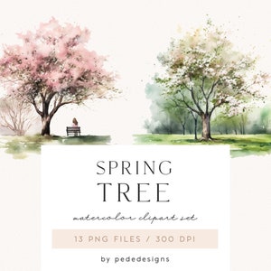 Clipart arbre printanier, scène de printemps aquarelle, paysage d'arbres, arbre floral printanier, graphiques de balançoire, parc aquarelle, jardin de printemps, téléchargement