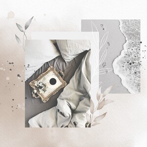 May include: A collage of images with a watercolor background. The main image is a top view of a bed with white bedding and a gold framed mirror on the bed. The other images are of a beach scene and a leafy branch.