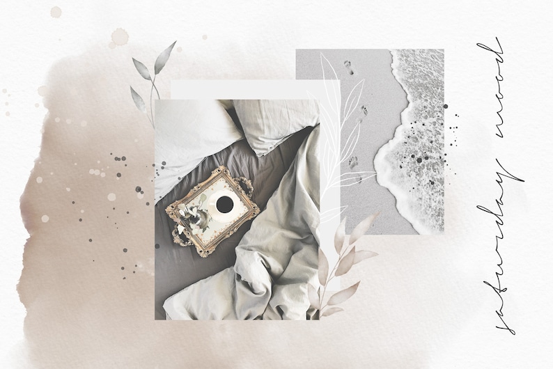 May include: A collage of images with a watercolor background. The main image is a top view of a bed with white bedding and a gold framed mirror on the bed. The other images are of a beach scene and a leafy branch.