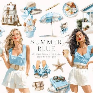 Summer Blue, grafica estiva ad acquerello, clipart blu pastello, estate costiera, png spiaggia, adesivi di moda, adesivi digitali per planner, download