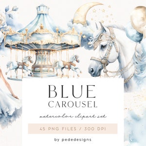 Aquarel blauwe carrousel clipart, feestvarken clipart, feestillustratie, eenhoorn, paard, ballonnen, blauwe bloemen, wolken en maan, download