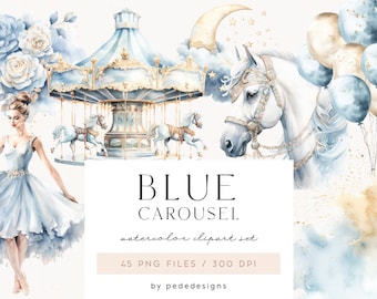 Op de afbeelding: Een aquarel clipart-set met een blauwe en gouden carrousel, een ballerina in een blauwe jurk, een wit paard, een halve maan, sterren en ballonnen. De set bevat 45 PNG-bestanden met 300 DPI. De tekst "BLUE CAROUSEL watercolor clipart set" wordt onder de afbeelding weergegeven.