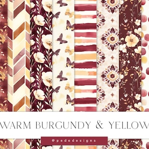 Pacchetto di carta digitale per planner Warm Burgundy & Yellow, planner girl, carte digitali, motivi senza soluzione di continuità, chevron, strisce, pois, floreale, download