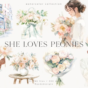 Sie liebt Pfingstrosen, Aquarell Pfingstrose, Mädchen Clipart, romantische Grafik, Sommer Mädchen, Blumengesteck, Planer Aufkleber png, Download