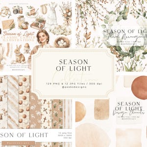 May include: A digital art collection titled "Season of Light" featuring watercolor illustrations. The image includes Easter-themed elements, floral arrangements, and design elements. The collection offers 129 PNG and 12 JPG files at 300 dpi.