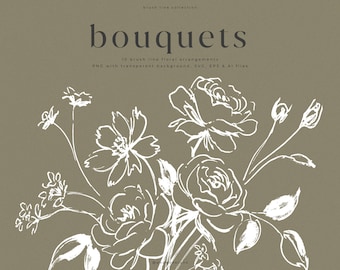 Floral Bouquet Clipart SVG & PNG Set with Hand Drawn Brush Line Flower Illustrations (Digital Download)