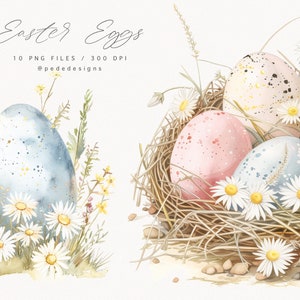 Watercolor Easter Eggs clipart, watercolor Easter clipart, spring png graphics, easter egg hunt, daisies flowers, nest with eggs, download
