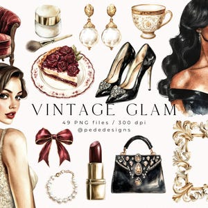 Vintage Glam Clipart, clipart fille élégante, illustration de mode, fille élégante, png classique, luxe tranquille, esthétique vieil argent, téléchargement