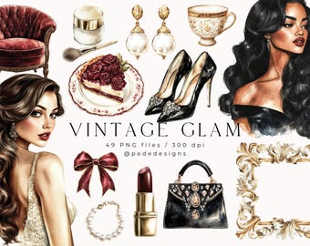 May include: A set of vintage glam illustrations featuring a woman with long dark hair, a red velvet armchair, a slice of cake with red roses, a pair of black high heels, a gold frame, a red bow, a pearl necklace, a gold lipstick, and a black handbag with rhinestones.