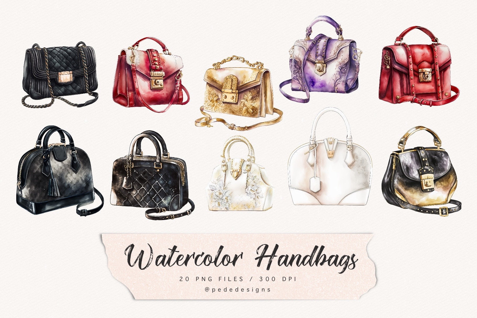 Watercolor Luxury Handbag Clipart Watercolor Purse Clipart 