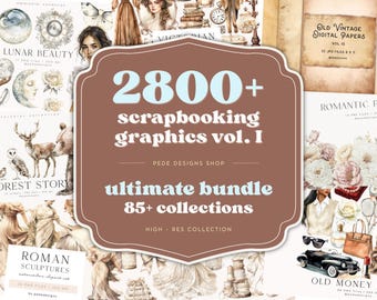 May include: A digital graphic bundle featuring 2800+ scrapbooking graphics vol. 1, ultimate bundle 85+ collections, Pede Designs Shop, and high res collection. The image displays various watercolor illustrations including lunar themes, forest animals, Roman sculptures, vintage papers, peonies, and fashion-themed elements.