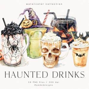 Conjunto de clipart de bebidas assombradas, aquarela, clipart de menu, festa de Halloween, latte de abóbora com especiarias, clipart de bebidas, bebidas assustadoras, download