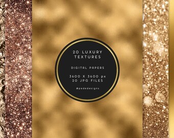May include: A collection of 20 luxury digital paper textures featuring metallic gold, bronze, and copper finishes with glitter and foil effects. The central black circular label displays the text 20 LUXURY TEXTURES, DIGITAL PAPERS, 3600 X 3600 px, 20 JPG FILES, and @pededesigns.