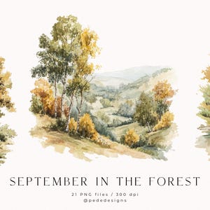 Puede incluir: Ilustraciones en acuarela de escenas de bosque otoñales. Las imágenes representan árboles, colinas y un lago, con un estilo suave y artístico. El texto en la parte inferior dice "SEPTEMBER IN THE FOREST".