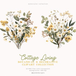 May include: Watercolor botanical clipart collection featuring two bouquets of white and yellow flowers with green foliage. The text "Cottage Living" and "Botanical & Decorative Clipart Collection" is displayed. The image includes the text "25 IN".