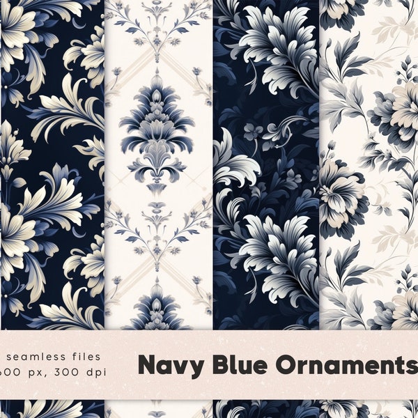 Navy blue ornaments, decorative digital paper pack, seamless papers, damask pattern, luxurious floral pattern, wedding, ornaments, download