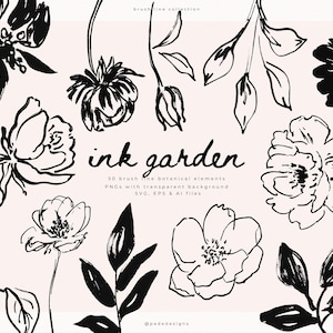 Hand Drawn Botanical Line Art Clipart  | SVG, Vector & PNG Bundle | Ink Flower Clipart (Digital Download)