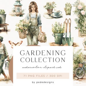 Collection de jardinage, jardin d'été aquarelle, graphiques de jardin de printemps, outils de jardinage, équipement de jardinage png, autocollants numériques, téléchargement
