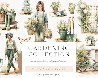 May include: A watercolor clipart set of gardening illustrations. The set includes a woman with a basket of flowers, a woman with a watering can, a bicycle, a birdhouse, gardening tools, and various plants. The text "GARDENING COLLECTION watercolor clipart set 71 PNG FILES / 300 DPI by pededesigns" is included in the image.