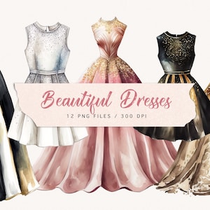 Clipart akwarelowy sukienki, złoty, różowy, czarny, malowany ręcznie, clipart modowy, haute couture, sukienka na studniówkę, sukienka księżniczki, pobierz