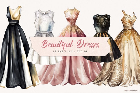 Watercolor Dresses Clipart, Gold, Pink, Black, Hand Painted, Fashion Clip  Art, Fashion Couture, Prom Dress, Princess Dress, Download - Etsy Israel